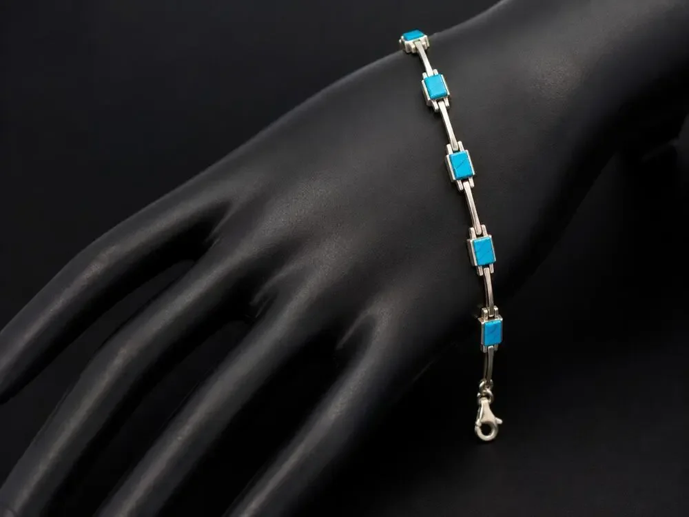 Vintage 925 Sterling Silver Turquoise Link Bracelet 7.5